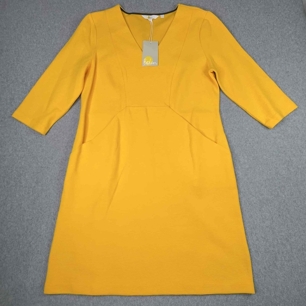 NEW Boden Bronte Ottoman Dress Yellow Shift Dress Ribbed V Neck Pockets Size 10P